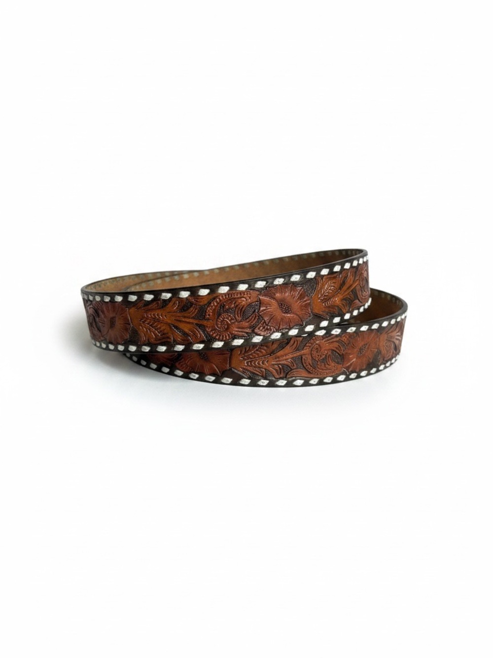 Tooled Floral Leather Belt in Brown with Silver Accents